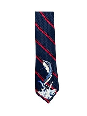 Guy Harvey Vintage Striped Blue Marlin 100% Silk Neck Tie